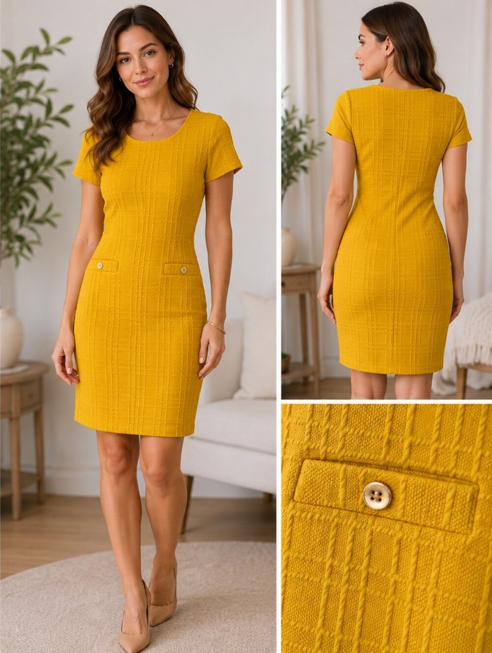 Enfocus Studio Elegant Short-Sleeve Textured Sheath Dress in Mustard S